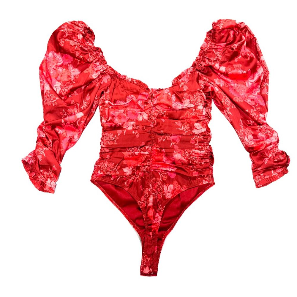 NWT For Love & Lemons Monet Bodysuit Red Floral Puff Sleeves Women's Size XS - Picture 8 of 14